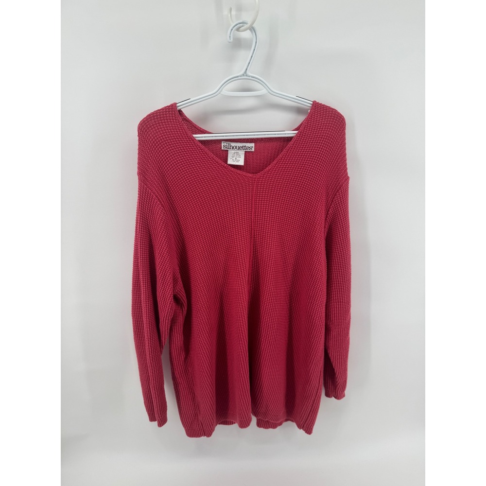 Silhouettes V Neck Knit Sweater Top Red Pink Long Sleeve Casual